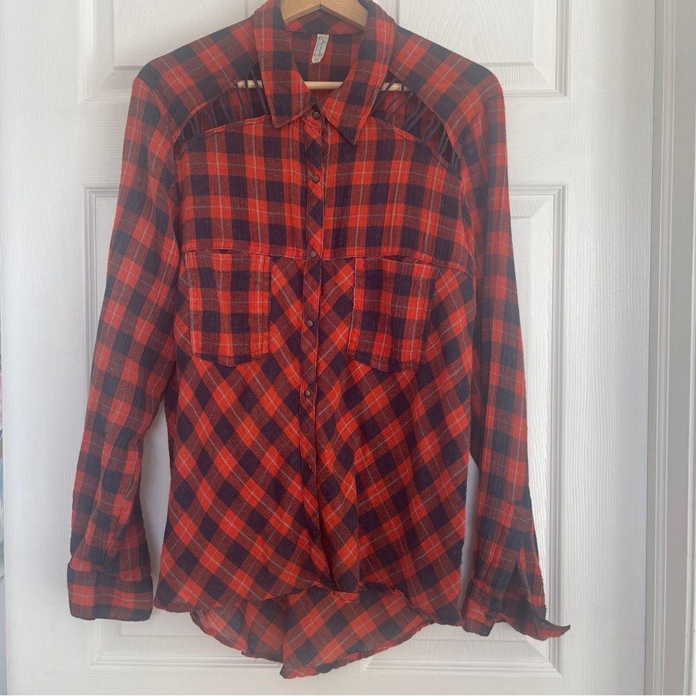 Free People Gauze Plaid Buttondown Shirt Sz M Gently Loved - Picture 4 of 9